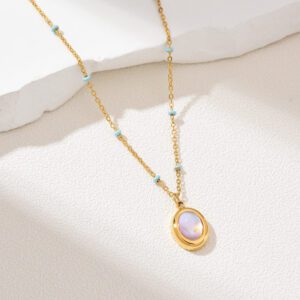 Gold Filled Oval Pendant Necklace with Blue Beads, Minimalist Stainless Steel Chain, Dainty Layering Jewelry, Gift for Her, Handmade, SNL046