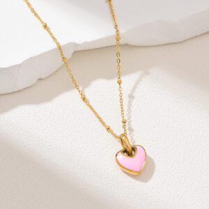 Gold Filled Pink Heart Pendant Necklace, Minimalist Stainless Steel Chain, Dainty Layering Jewelry, Romantic Gift for Her, Handmade, SNL047