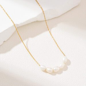 Gold Filled Five Pearl Bar Necklace, Minimalist Stainless Steel Chain, Dainty Layering Jewelry, Bridal Gift for Women, Handmade, SNL055