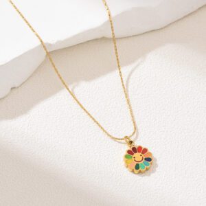 Gold Filled Colorful Floral Pendant Necklace, Minimalist Stainless Steel Chain, Dainty Layering Jewelry, Gift for Her, Handmade, SNL059