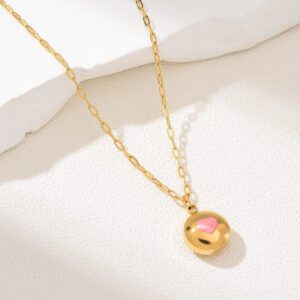 Gold Filled Round Pendant Necklace with Pink Heart, Minimalist Stainless Steel Chain, Dainty Layering Jewelry, Gift for Her, Handmade SNL060