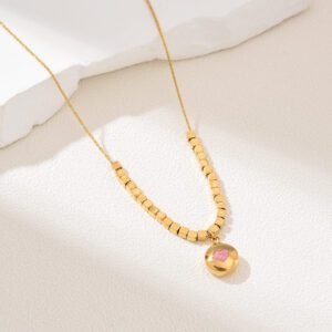 Gold Filled Bar Bead Necklace with Pink Heart Charm, Minimalist Stainless Steel Chain, Dainty Layering Jewelry, Gift for Women, SNL061