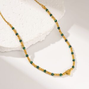 Gold Filled Green Beaded Heart Necklace, Elegant Minimalist Stainless Steel Chain, Dainty Layering Jewelry, Handmade Gift for Women, SNL070