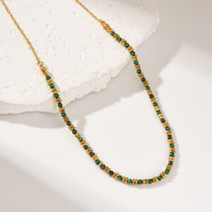 Gold Filled Green Beaded Necklace, Minimalist Stainless Steel Chain, Dainty Layering Jewelry, Handmade Boho Gemstone Gift for Her, SNL072