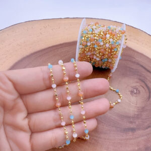 Gold Filled Crystal Beaded Chain by the Foot, Faceted Rosary Style Chain with Gold Beads for DIY Necklace Bracelet Jewelry, Gift, CH348