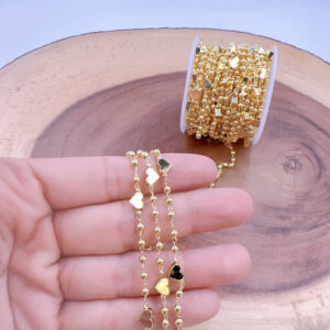 Gold Filled Heart Beaded Chain by the Foot, Dainty Gold Rosary Chain with Heart Beads for DIY Necklace Bracelet Jewelry Making Gift, CH349