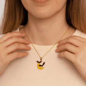 Gold Filled Moon and Bat Charm, Halloween Enamel Pendant for DIY Necklace Bracelet Jewelry Making, Spooky Cute Autumn Jewelry Gift, CP2079