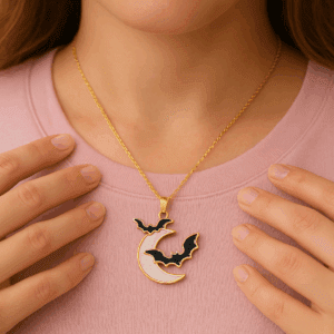 Gold Filled Bat and Moon Charm, Enamel Halloween Pendant for DIY Necklace Bracelet Jewelry Making, Spooky Celestial Jewelry Gift, CP2082