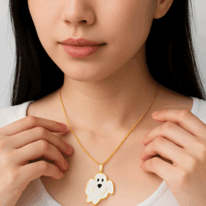 Gold Filled Ghost Charm with Shell, Enamel Halloween Pendant for DIY Necklace Bracelet Jewelry Making, Spooky Cute Jewelry Gift, CP2083