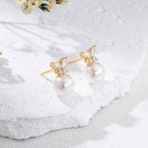 Dainty Butterfly MOP Shell Pearl Drop Earrings, Bridal Studs with 925 Silver Post, Gold Plated Brass Elegant Jewelry Gift for Women, ER326