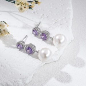 Mother of Pearl Drop Earrings with Amethyst Accents, Bridal Jewelry for Women, Rhodium Plated Brass, 925 Silver Post, Elegant Gift, ER327
