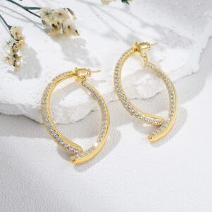 Curved CZ Hoop Earrings for Women, Gold Plated Brass Sparkling Statement Earrings, Elegant Modern Jewelry Gift for Her, Party Earrings ER328