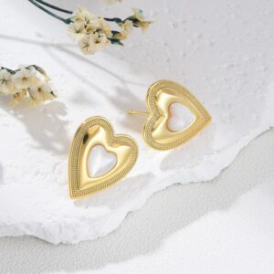Gold Plated Heart Earrings with Shell Inlay, Retro Stud Earrings for Women, Elegant Vintage Style Jewelry Gift for Her, Statement, ER330