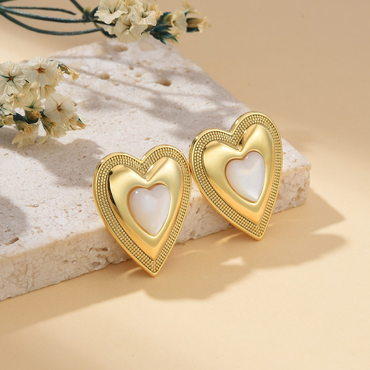 Gold Plated Heart Earrings with Shell Inlay, Retro Stud Earrings for Women, Elegant Vintage Style Jewelry Gift for Her, Statement, ER330 - Image 2