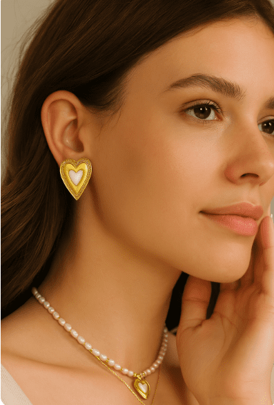Gold Plated Heart Earrings with Shell Inlay, Retro Stud Earrings for Women, Elegant Vintage Style Jewelry Gift for Her, Statement, ER330 - Image 3