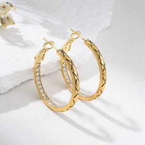 Gold Hoop Earrings with Black Engraved Detail and Crystal Inlay, Bold Statement Jewelry, Textured Gold Plated Hoops, Gift for Her, ER334