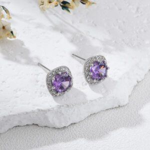 Cushion Cut Purple CZ Stud Earrings, Halo Style with Clear CZ Accents, 925 Silver Post, Rhodium Plated Brass, Elegant Gift for Women, ER335