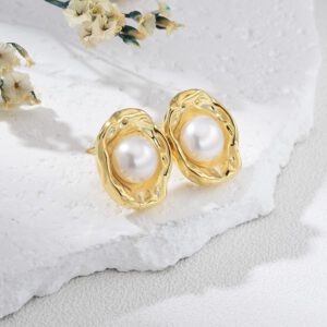 Organic Textured Pearl Stud Earrings, Gold Plated Brass, Real Freshwater Pearl Center, Elegant Minimalist Jewelry Gift for Women, ER336