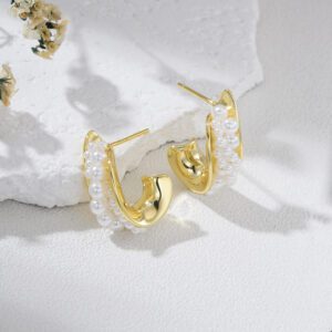 Chunky Pearl Hoop Earrings, Gold Plated Brass Huggie Hoops with Faux Pearl Beads, Dainty Bold Statement Earrings Gift for Women, ER337