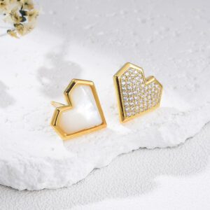 Heart Mismatch Stud Earrings, Gold Plated Brass with Shell Inlay and CZ Pave, Minimalist Modern Statement Jewelry Gift for Women, ER338