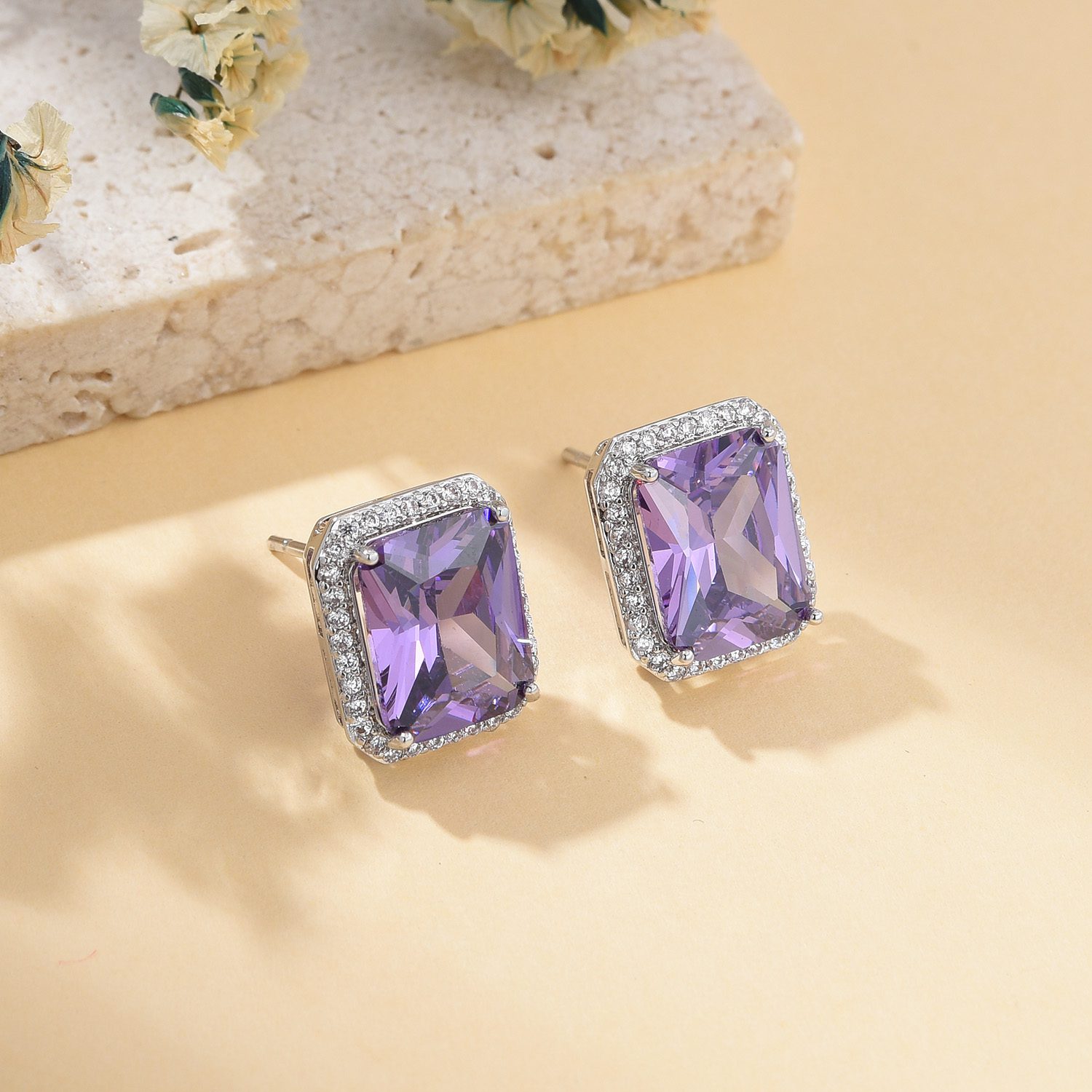 Emerald Cut Purple Stud Earrings, Vintage Style CZ Halo Earrings in 925 Silver, Dainty Elegant Statement Bridal Jewelry Gift for Her, ER339 - Image 2