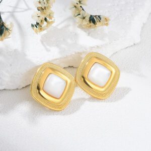 Square Shell Inlay Stud Earrings, Gold Plated Vintage Statement Earrings for Women, Minimalist Geometric Jewelry Gift for Her, ER340
