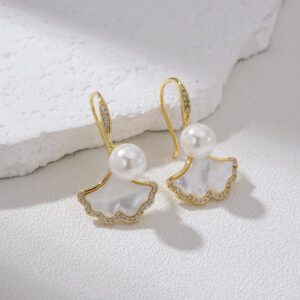 Ginkgo Leaf Shell Inlay Drop Earrings, Gold Plated Dangle Earrings with Pearl Accent, Elegant Nature Inspired Jewelry Gift for Her, ER341