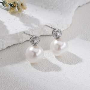 MOP Shell Pearl Drop Earrings, Silver Tone Stud Earrings with Sparkling CZ Top, Elegant Minimalist Bridal Jewelry Gift for Her, ER342