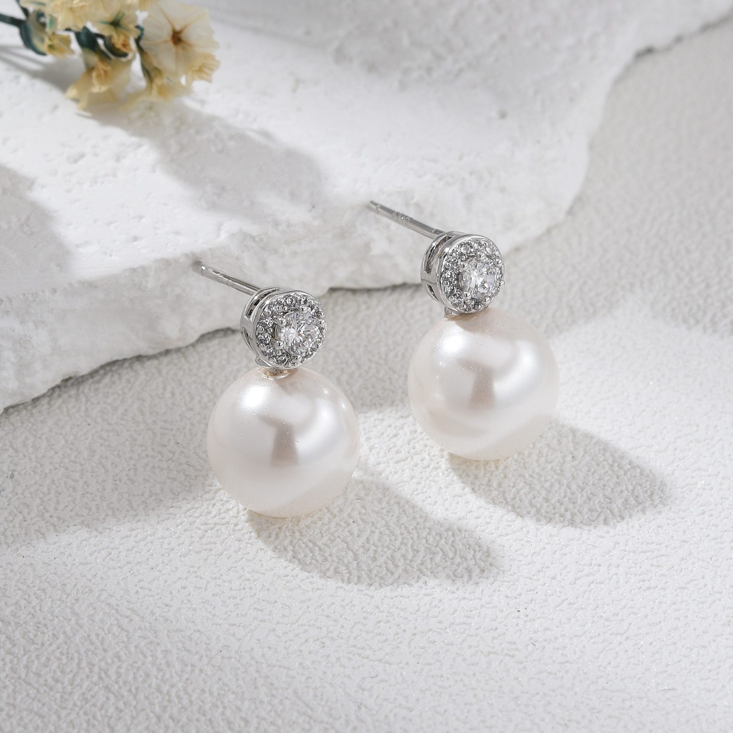 MOP Shell Pearl Drop Earrings, Silver Tone Stud Earrings with Sparkling CZ Top, Elegant Minimalist Bridal Jewelry Gift for Her, ER342