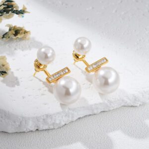 Gold Plated MOP Shell Pearl Drop Earrings, Double Stud Design with CZ Bar, Elegant Minimalist Jewelry for Women, Bridal Gift Idea, ER343