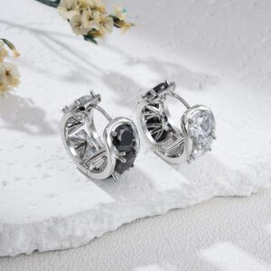 Silver Black and Clear CZ Huggie Hoop Earrings, Oval Statement Studs for Women, Minimalist Glam Jewelry, Elegant Night Out Gift, ER344