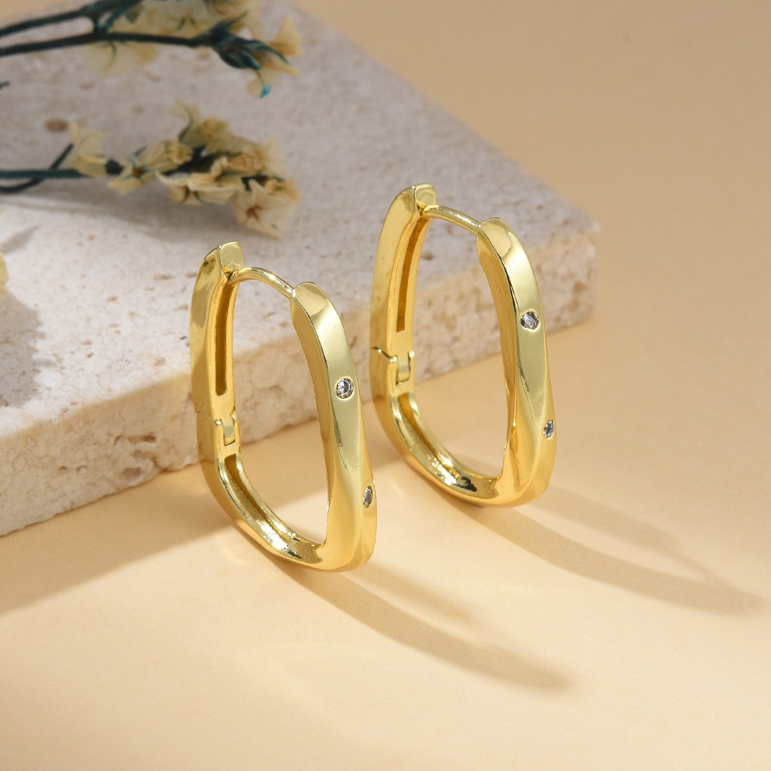 Gold Plated CZ Huggie Hoop Earrings, Minimalist Rectangle Hoops for Women, Elegant Dainty Everyday Jewelry Gift, Lightweight Studs, ER345 - Image 2