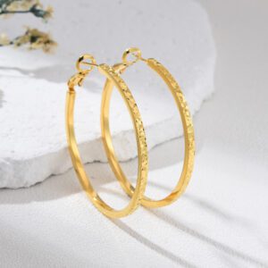 Gold Plated Textured Hoop Earrings, Hammered Finish Large Round Hoops for Women, Statement Lightweight Jewelry Gift, Classic Style, ER346