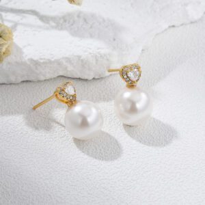 Gold Plated MOP Shell Pearl Earrings, Heart CZ Stud Drop Earrings for Women, Elegant Romantic Jewelry Gift for Wedding or Anniversary, ER348
