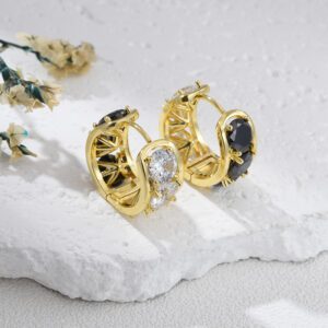 Gold Plated Oval Huggie Earrings with Black and White CZ Stones, Chunky Elegant Hoop Earrings for Women, Bold Statement Jewelry, ER349