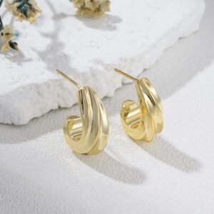 Gold Plated Twisted Hoop Earrings, Chunky Sculptural Minimalist Statement Jewelry for Women, Elegant Bold Retro Style Gift for Her, ER351