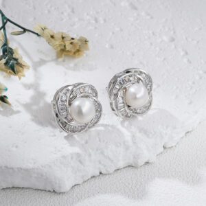 MOP Shell Pearl Stud Earrings, Silver Tone Round CZ Halo Flower Design, Elegant Dainty Jewelry Gift for Women, Classic Style, ER354