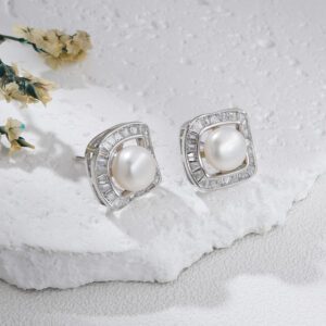 Real Pearl Stud Earrings, Silver Tone Square CZ Halo Vintage Style, Dainty Elegant Minimalist Jewelry Gift for Women, Classic Design, ER355