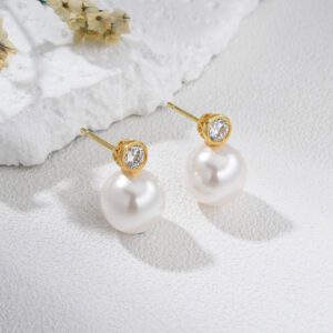 Gold Plated Real Pearl Stud Earrings, Round Bezel CZ and Genuine Pearl Earrings for Women, Elegant Minimalist Jewelry Gift Idea, ER356