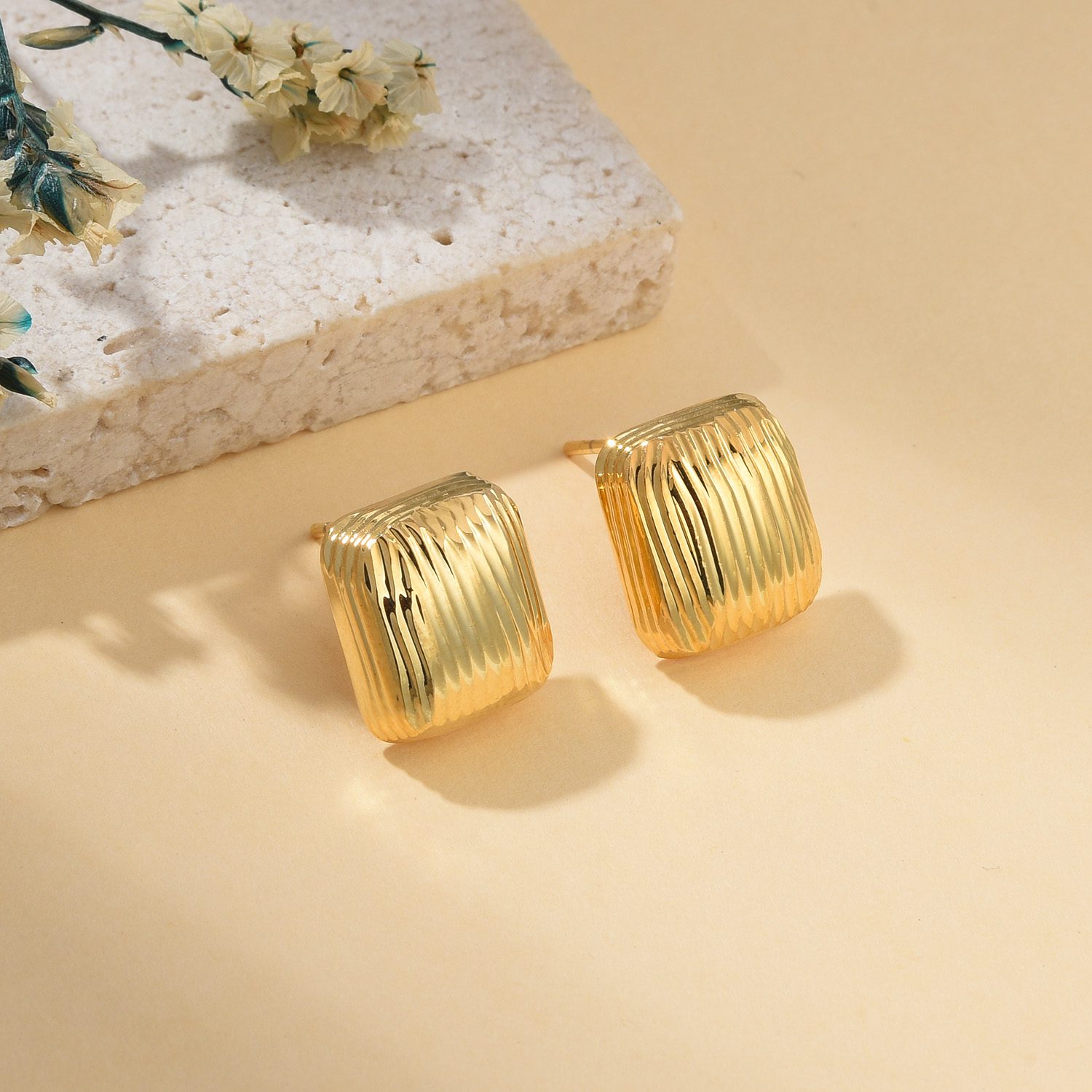 Gold Plated Ridged Stud Earrings with MOP Shell Pearl, Retro Geometric Minimalist Jewelry for Women, Elegant Gift for Her, ER357 - Image 2