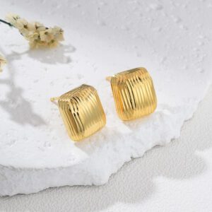 Gold Plated Ridged Stud Earrings with MOP Shell Pearl, Retro Geometric Minimalist Jewelry for Women, Elegant Gift for Her, ER357