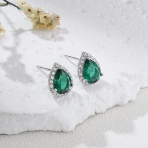 Teardrop Green Stud Earrings, Silver Tone Halo Crystal Studs for Women, Elegant Emerald Green Statement Jewelry Gift, Minimalist ER358