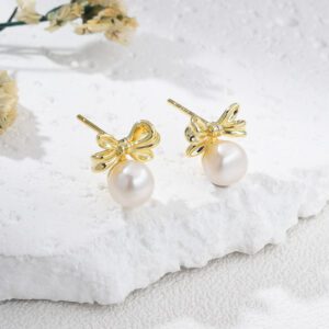Gold Plated Bow Pearl Stud Earrings, Dainty Ribbon Design with White Pearl Drop, Cute Elegant Jewelry Gift for Her, Minimalist Classic ER359