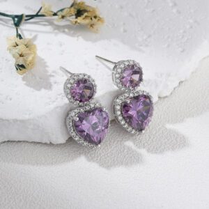 Heart Drop Earrings with Purple CZ, Sparkly Crystal Dangle Studs in Silver Tone for Women, Elegant Romantic Jewelry Gift for Her, ER360