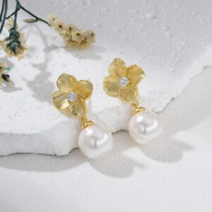 Gold Plated Flower Drop Earrings with MOP Shell Pearl, Dainty Floral Stud Earrings for Women, Elegant Romantic Jewelry Gift for Her, ER362