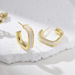 Gold Plated Square Hoop Earrings with MOP Shell Pearls, Chunky Statement Hoops for Women, Elegant Modern Fashion Jewelry Gift for Her, ER363