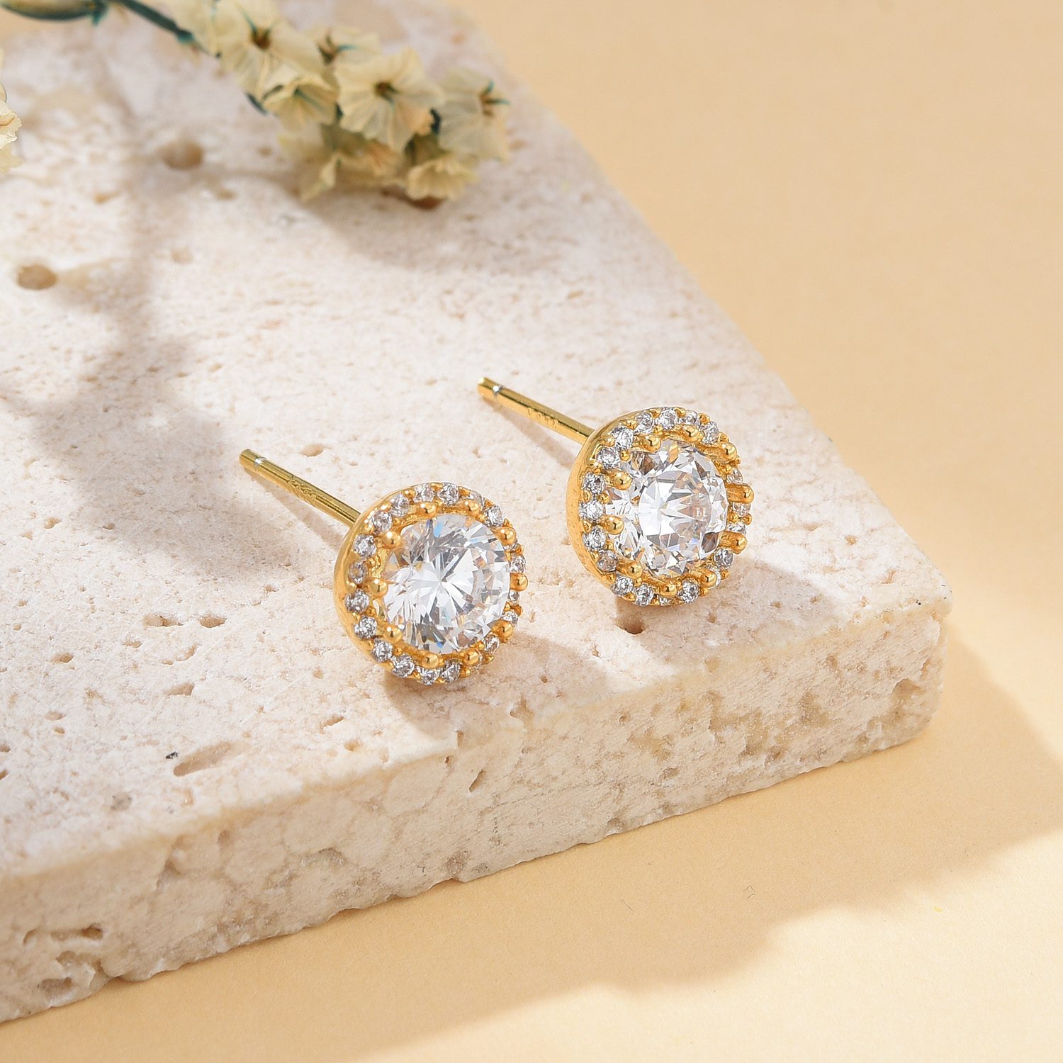 Gold Plated Halo Stud Earrings with MOP Shell Pearl Center, Elegant Round Sparkling Crystal Accents, Dainty Gift Jewelry for Women, ER364 - Image 2