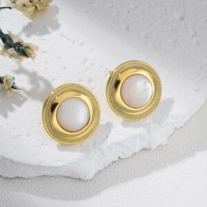 Gold Plated Round Stud Earrings with MOP Shell Pearl Center, Textured Edge Vintage Style Jewelry, Elegant Classic Gift for Women, ER365