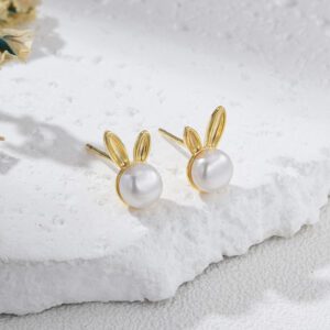 Gold Plated Bunny Real Pearl Earrings, Cute Rabbit Studs for Girls Women, Dainty Genuine Pearl Animal Jewelry Gift Idea, ER366