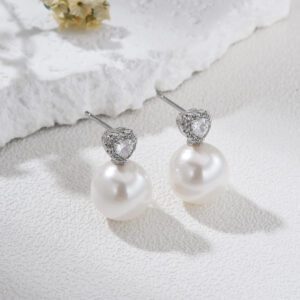 Heart Stud Mop Shell Pearl Earrings, Silver Plated Drop Earrings for Women, Elegant Mother of Pearl Jewelry Gift, Romantic Dainty ER368